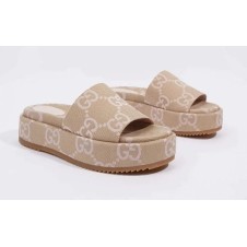 Gucci Jumbo GG Platform Slide Sandal Beige Light Pink Canvas